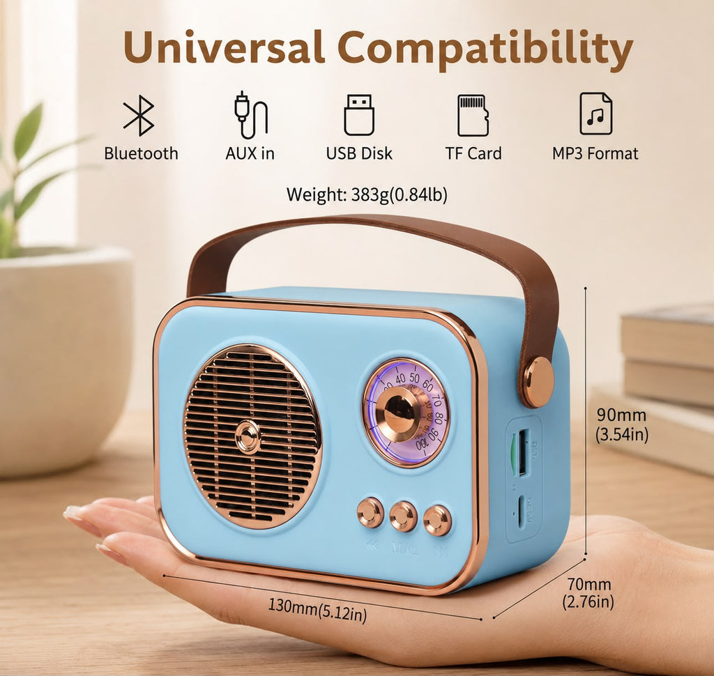 PixBeat speaker dimensions 130mm x 90mm x 70mm and universal compatibility - Bluetooth, AUX, USB, TF card, MP3