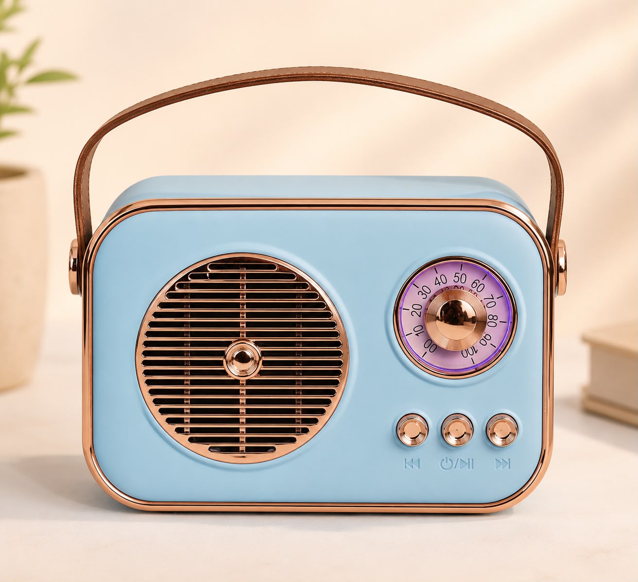 PixBeat Sky blue vintage Bluetooth speaker with rose gold accents