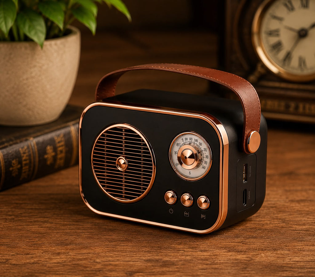 PixBeat Midnight black retro Bluetooth speaker on wooden desk