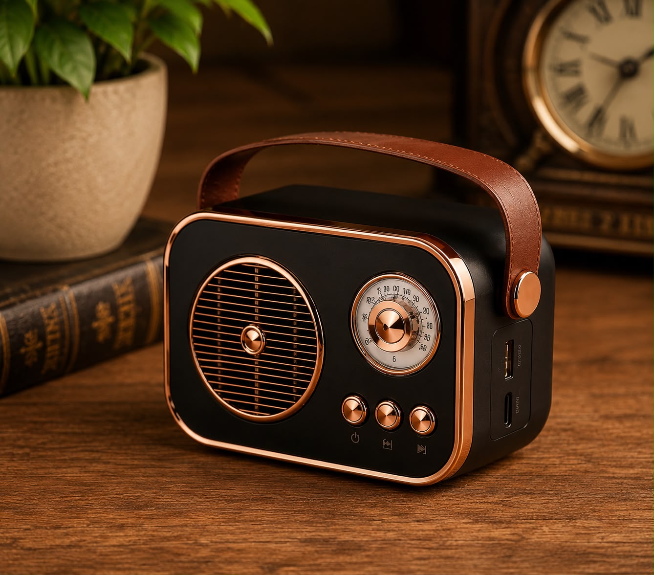 PixBeat Midnight black retro Bluetooth speaker on wooden desk