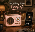 PixBeat Blush pink retro Bluetooth speaker playing music next to smartphone