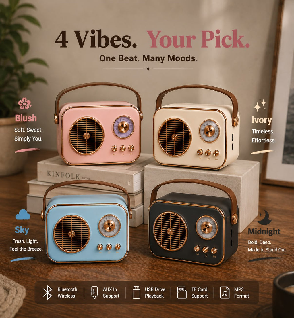 PixBeat retro Bluetooth speaker available in 4 colors - Blush, Ivory, Sky and Midnight