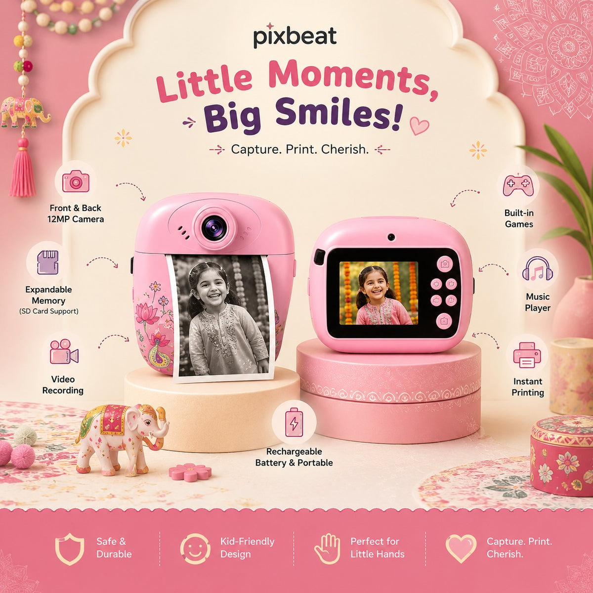 PixBeat SnapPrint pink kids instant camera with 12MP front and back camera features
