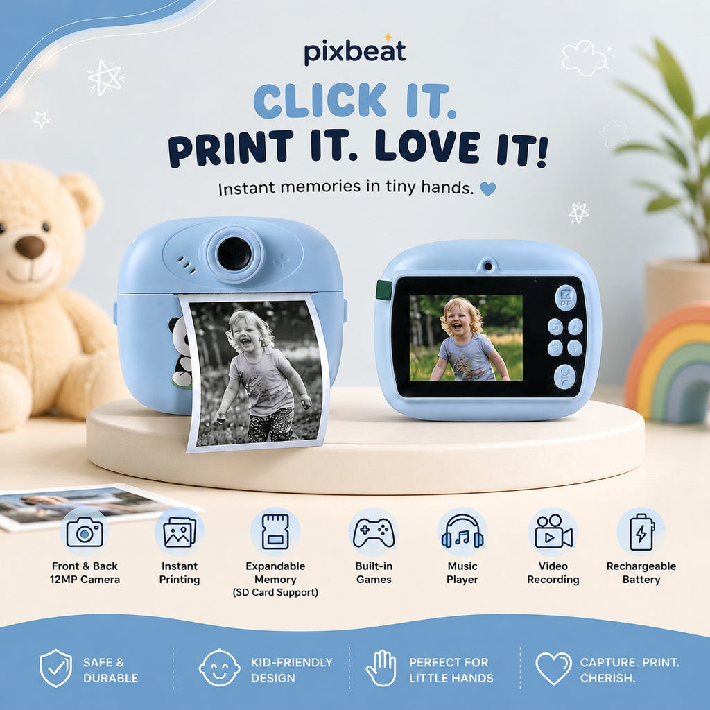 PixBeat SnapPrint kids instant print camera in blue with instant photo print
