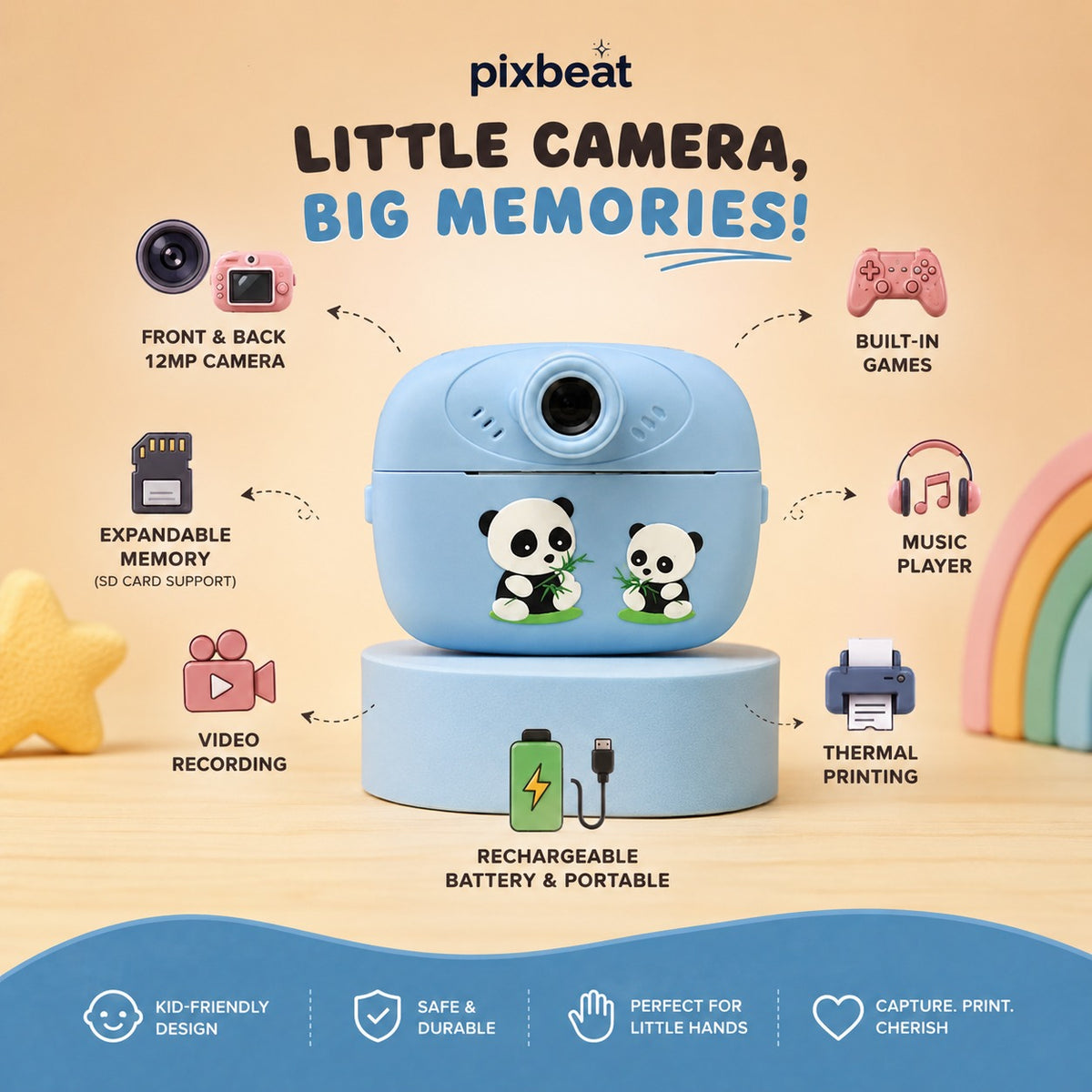 PixBeat SnapPrint blue kids camera features - games, music player, thermal printing, SD card support