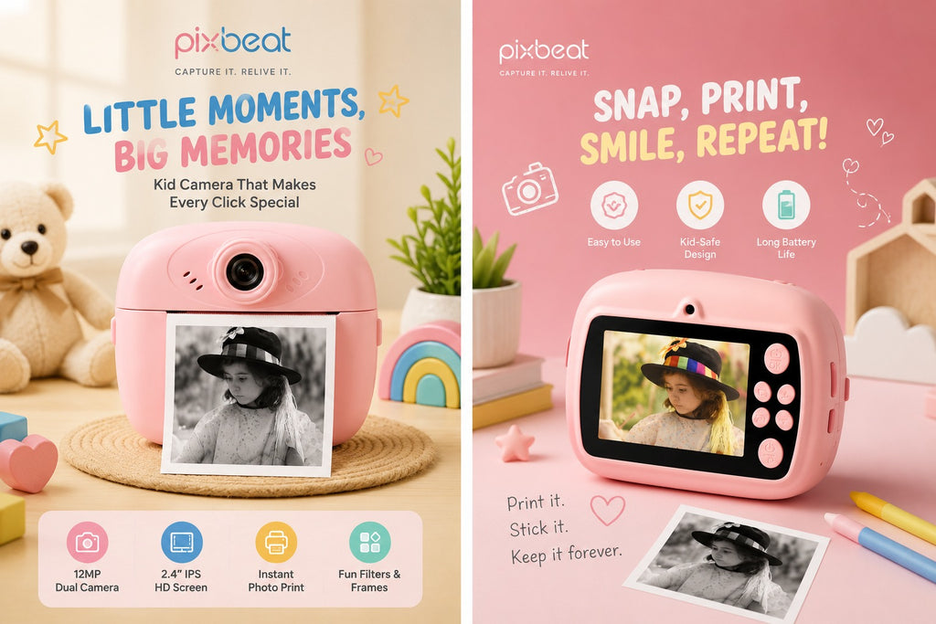 PixBeat SnapPrint pink kids camera with 2.4 inch IPS HD screen and instant photo print
