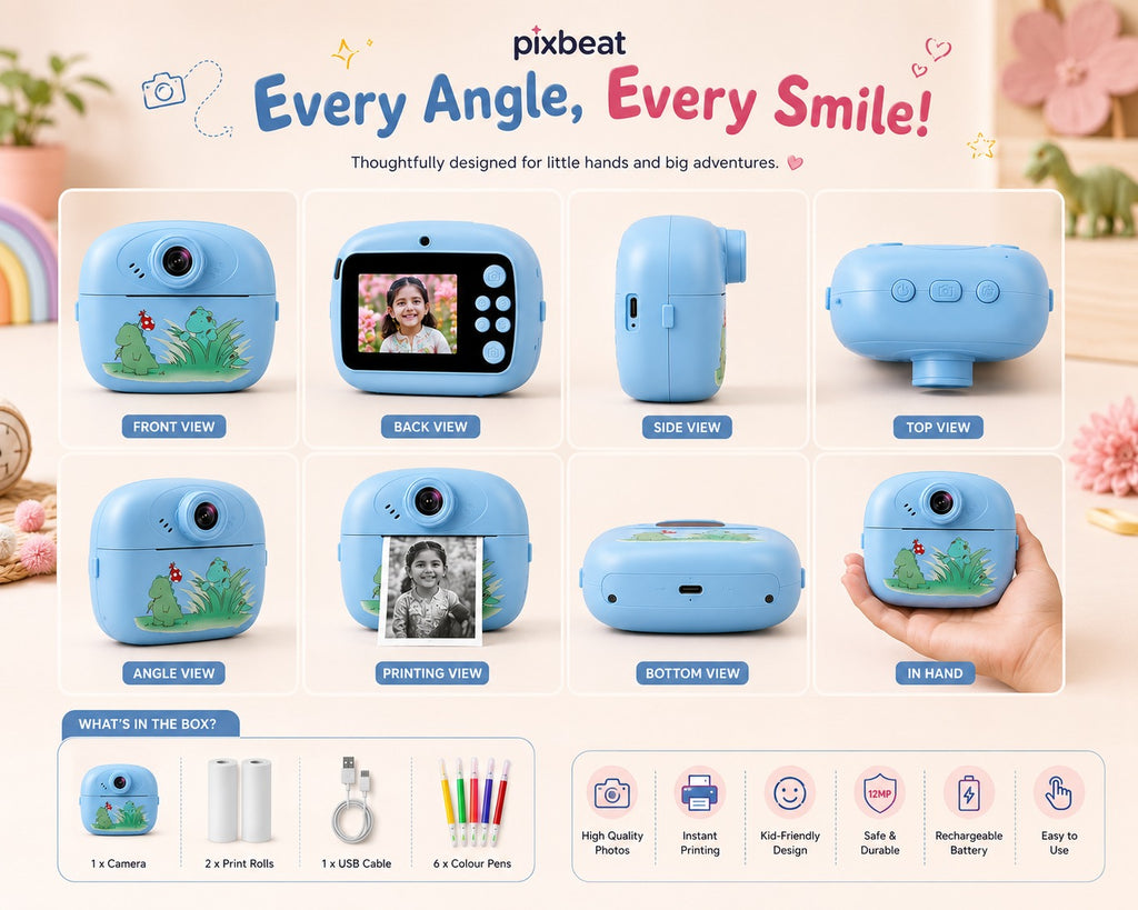 PixBeat SnapPrint kids camera all angles and what is in the box - camera, print rolls, USB cable, colour pens
