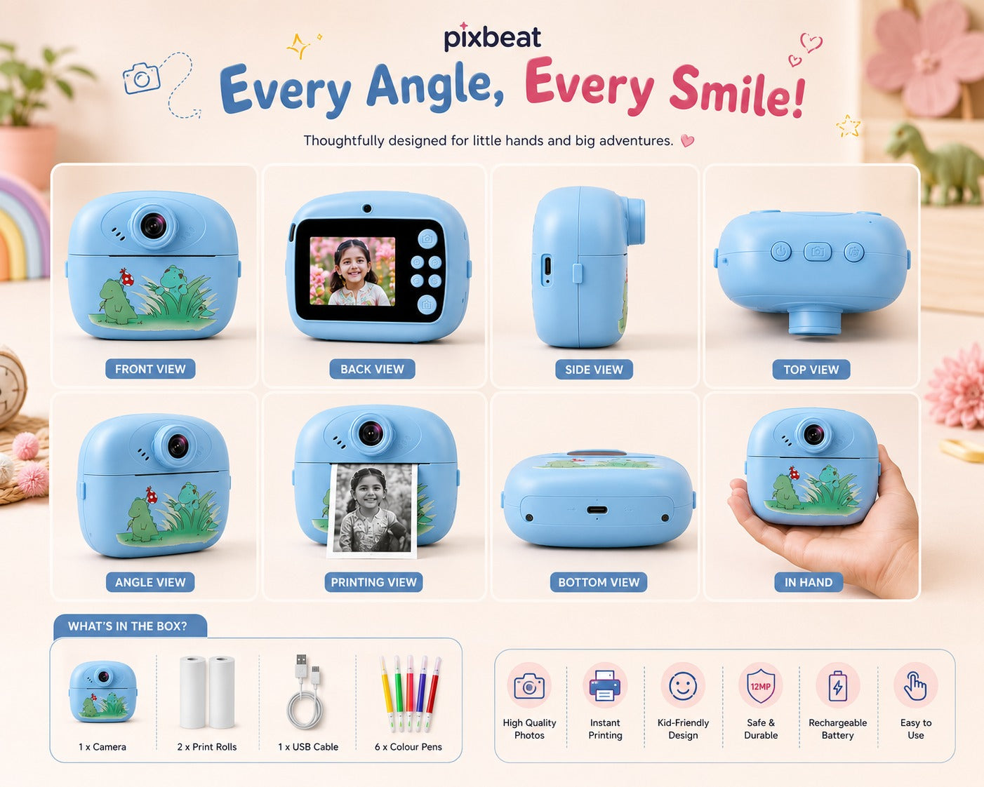 PixBeat SnapPrint kids camera all angles and what is in the box - camera, print rolls, USB cable, colour pens